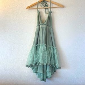 Sage Green Backless Lace Halter Dress